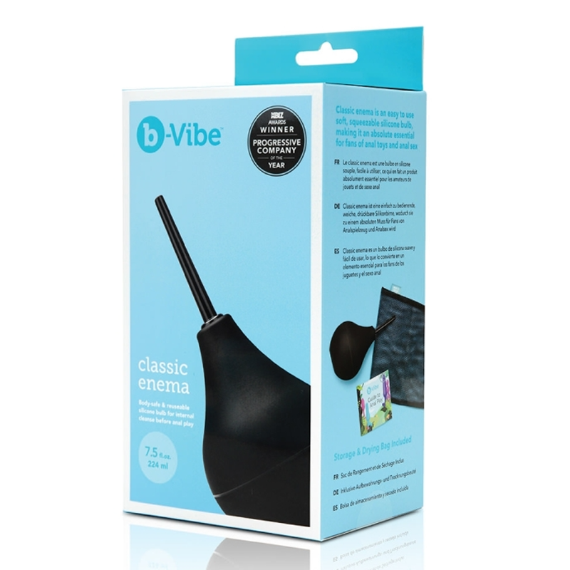 b-Vibe Classic Enema bulb set for anal cleansing with storage bag.