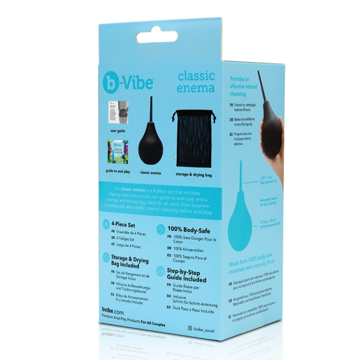 b-Vibe Classic Enema Bulb Set with storage bag and user guide.