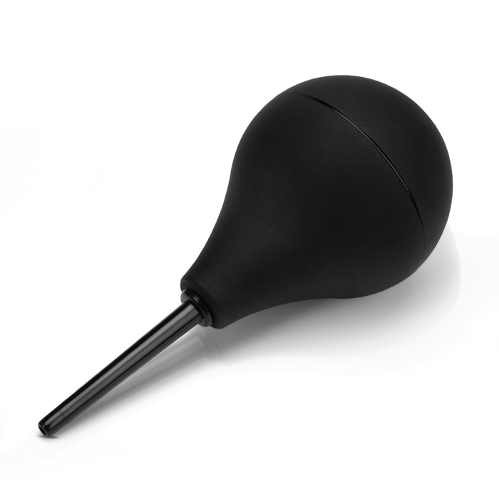 A black rubber enema bulb with a rigid nozzle.