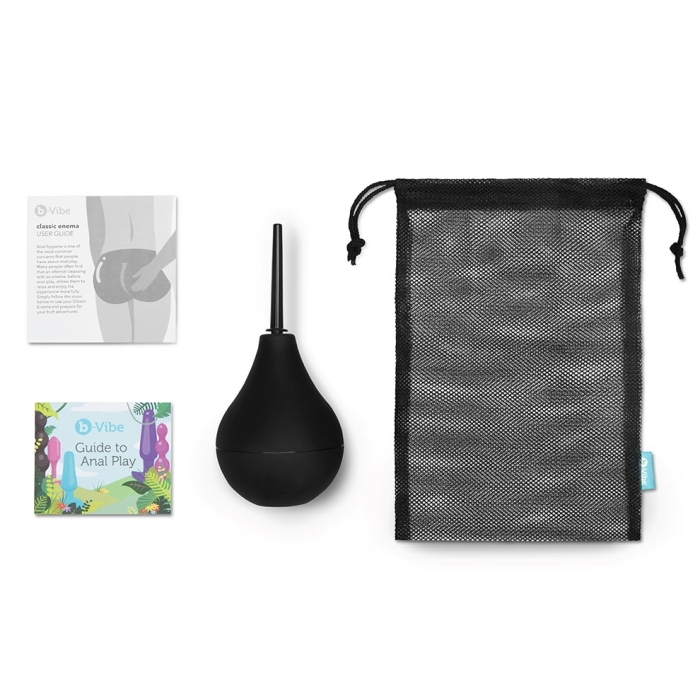 A black enema bulb with instructions and a mesh bag.