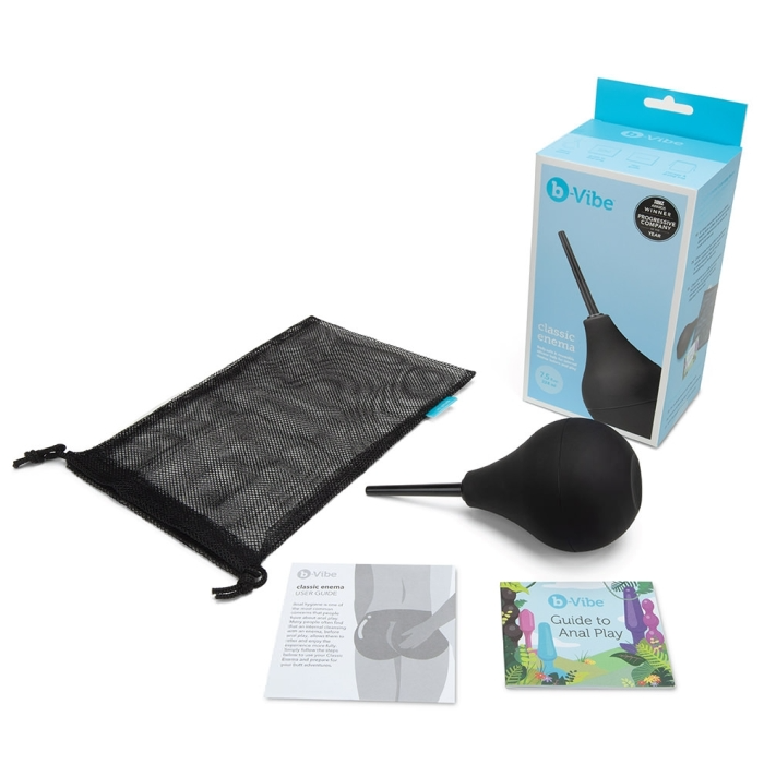 A black enema bulb with a mesh bag, box, and instruction booklets.