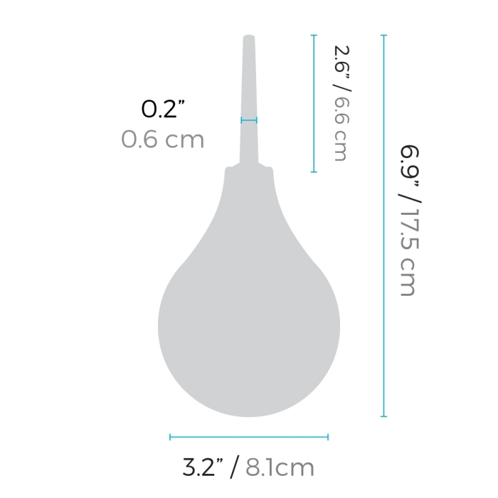 Diagram showing dimensions of a grey enema bulb.