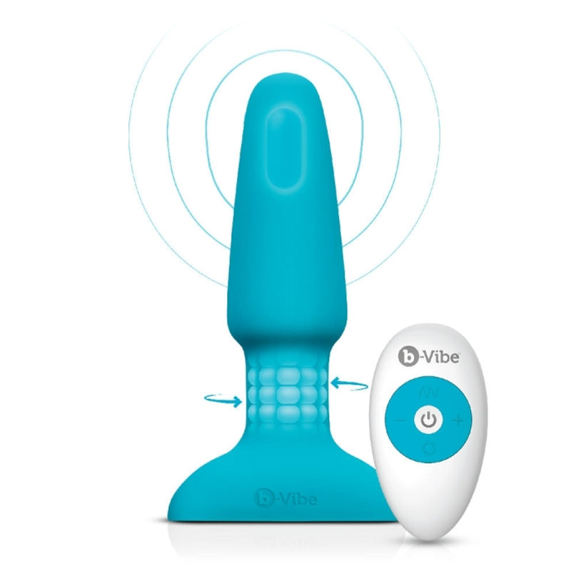 A teal anal plug with a textured shaft and a white remote control.