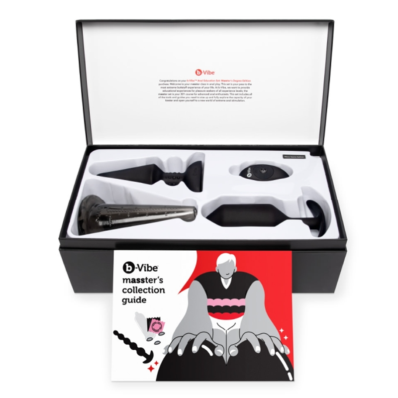 A black box containing anal training kit items and a guide.