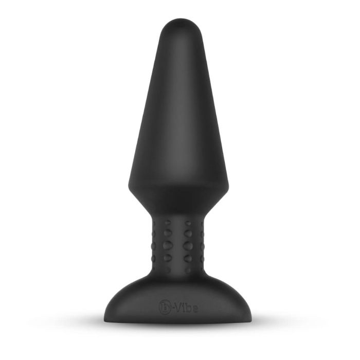 A black silicone anal plug with a flared base and textured stem.