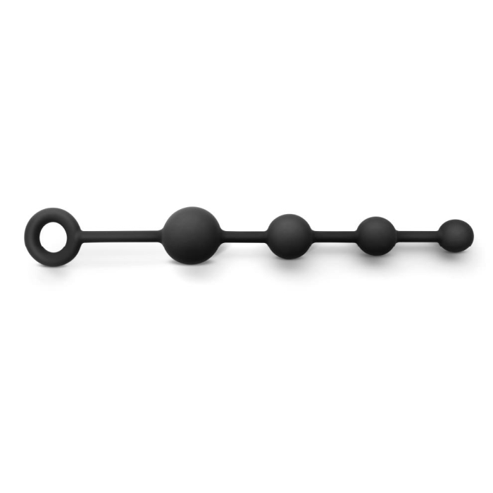 Black silicone anal beads with a loop on one end.