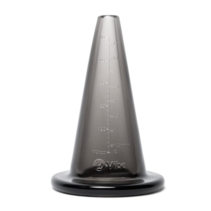 A translucent grey anal training cone with measurement markings.