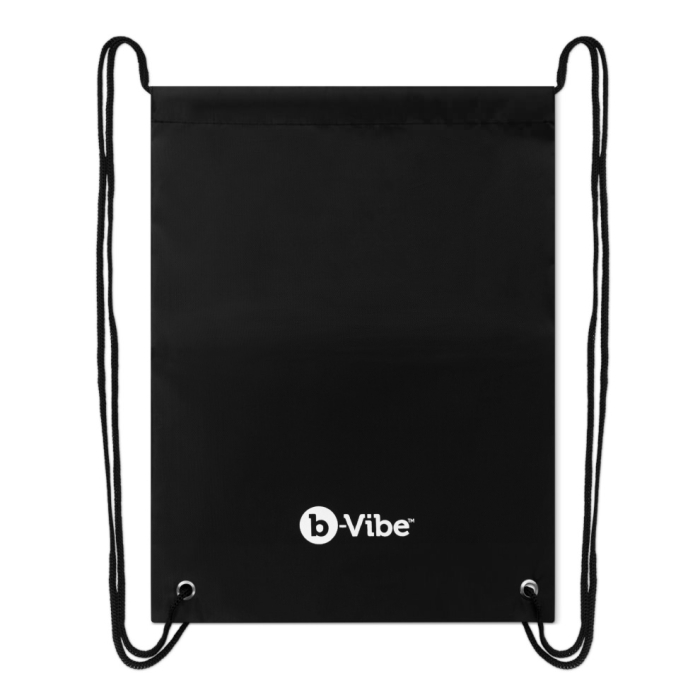 Black b-Vibe drawstring bag with white logo.