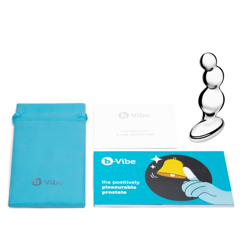 Stainless steel graduated anal beads with a cleaning cloth and storage pouch.