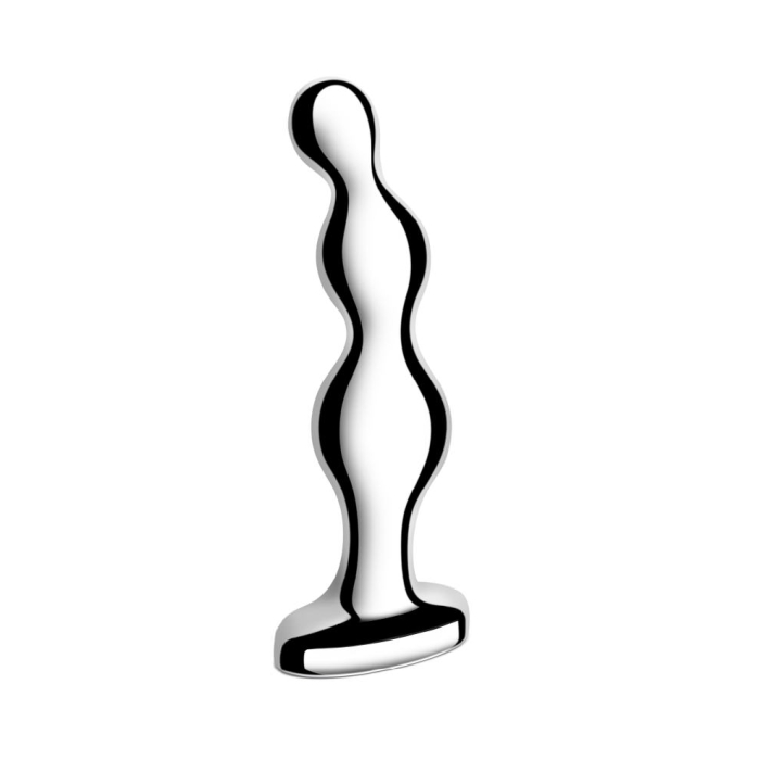 Weighted stainless steel graduated anal beads with a curved shape.