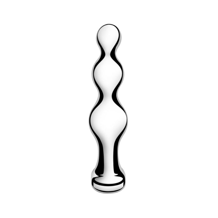 Weighted stainless steel graduated anal beads with a smooth, curved design.