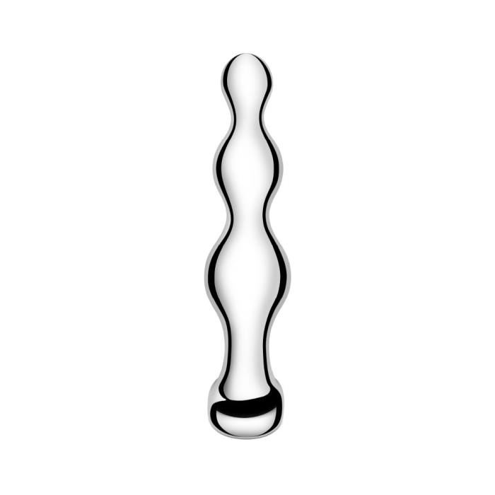 Weighted stainless steel graduated anal beads with a smooth, curved design.
