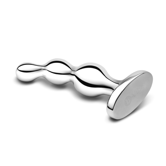 Weighted stainless steel graduated anal beads with a flared base.