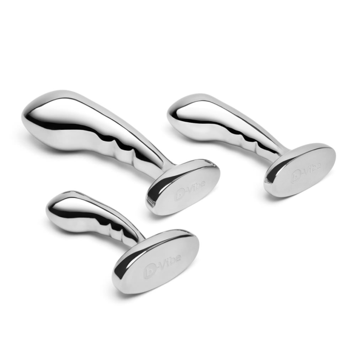 Three polished stainless steel prostate plugs with flared bases.