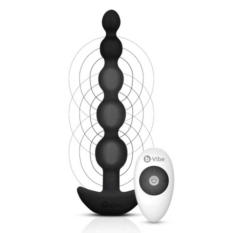 Black vibrating anal beads with a white remote control.