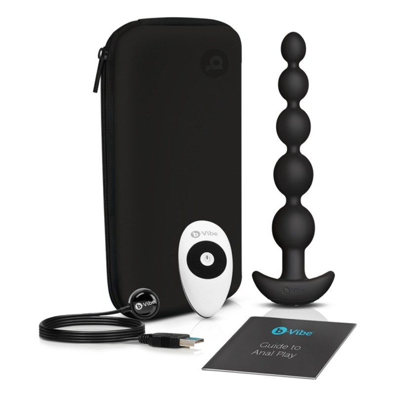 Cinco Remote Control Vibrating Anal Beads with charging cable, remote, and case.