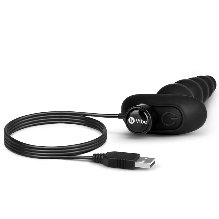 Black b-Vibe anal beads with a USB cable and remote control.