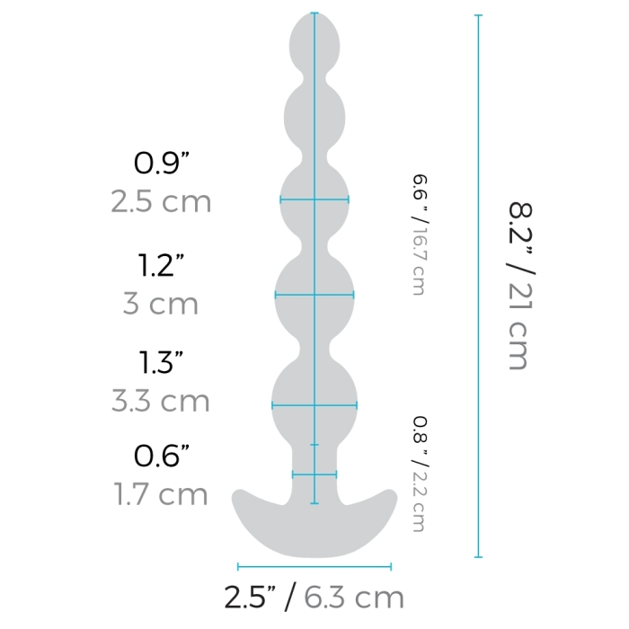Anal beads with measurements for diameter and length.
