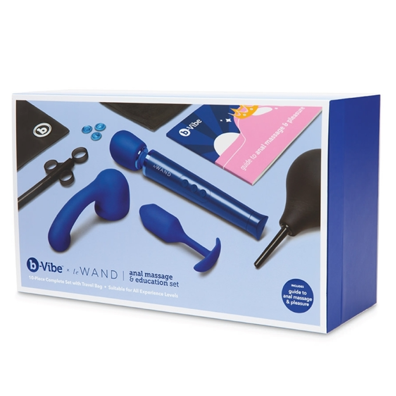 Anal massage and education set with wand, snug plug, and guide.