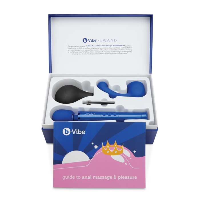 Anal massage and education set with wand, snug plug, and attachments in a blue box.