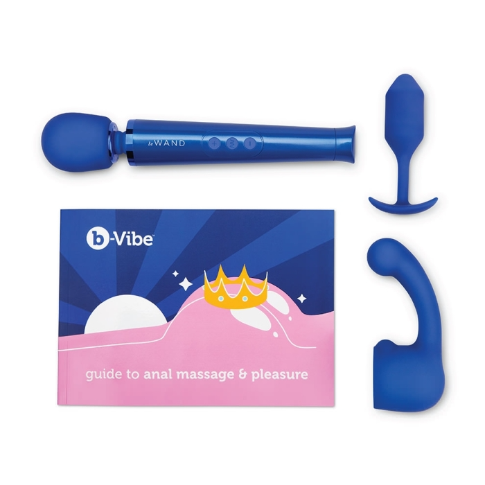 Blue wand vibrator, curve attachment, and snug plug with a guide.