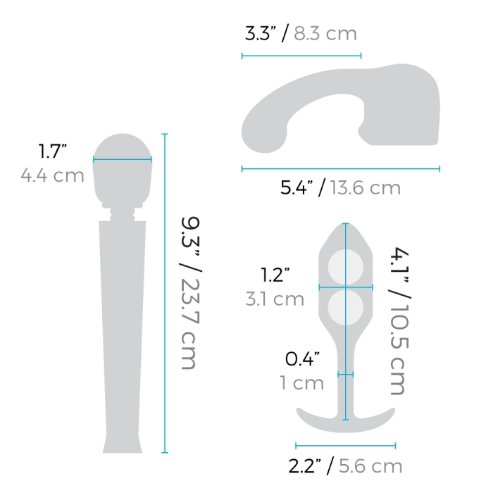 Anal massage and education set with wand, curve attachment, and snug plug.