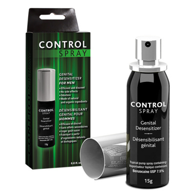 Control Spray genital desensitizer for men with Benzocaine USP 7.5%.