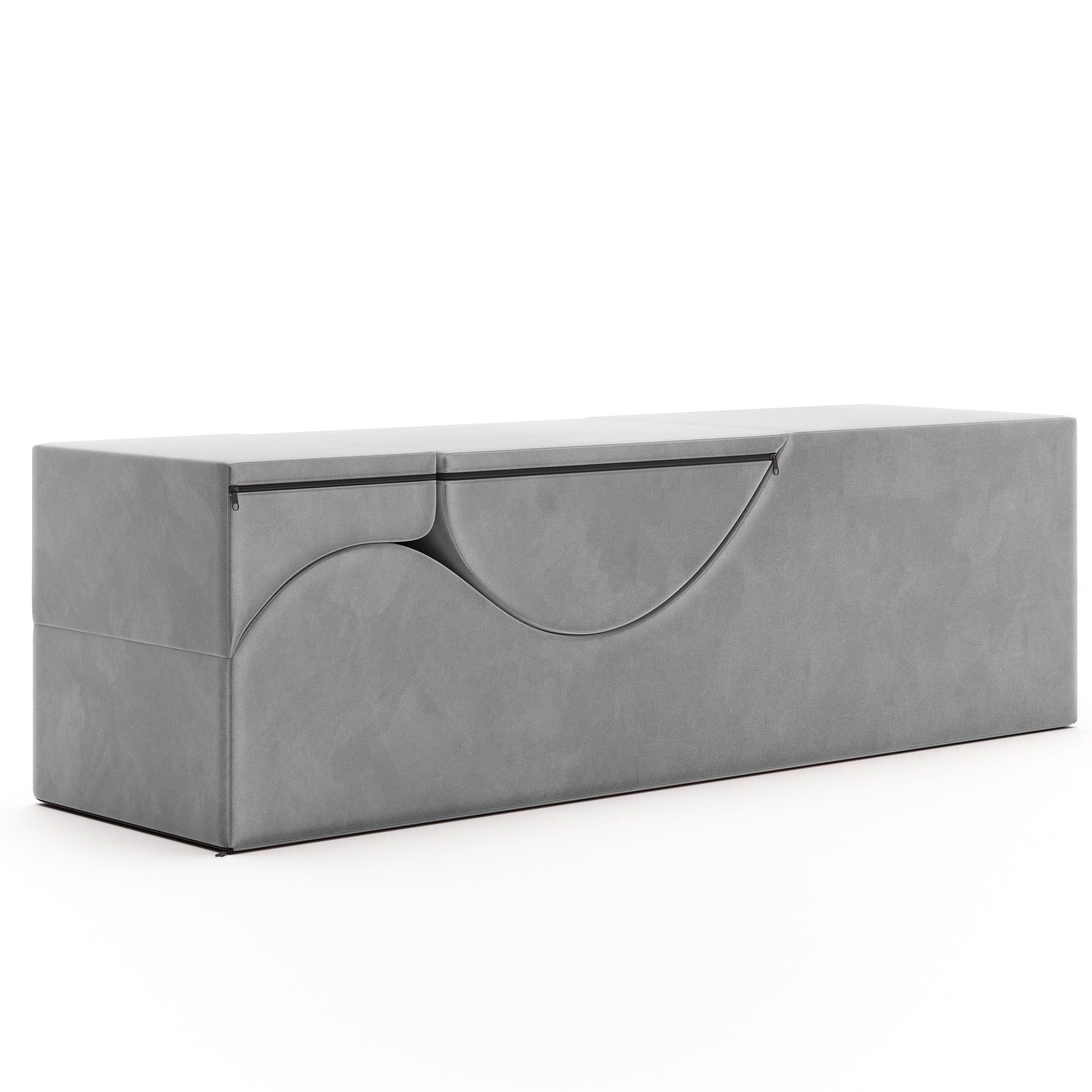 Grey velvet convertible sex chair and bed bench with zipper detail.