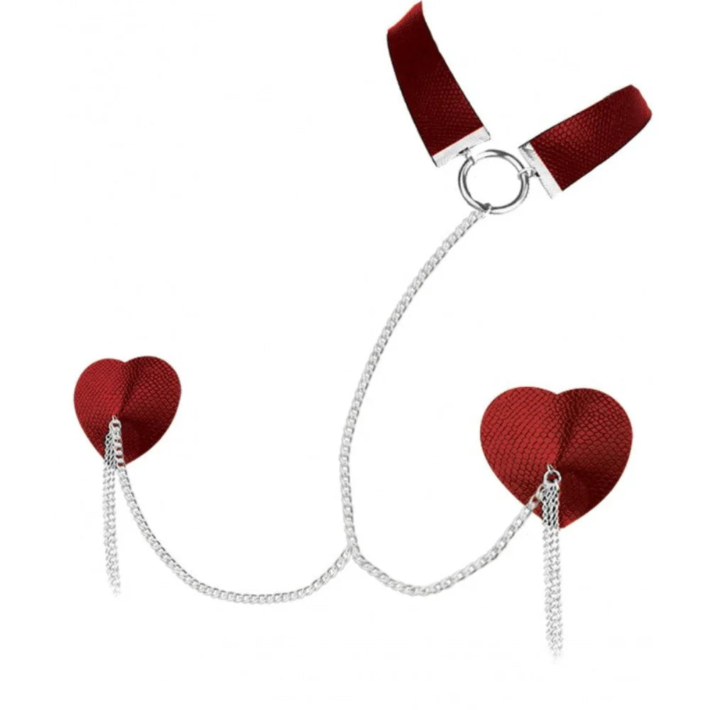 Red heart-shaped nipple pasties with a chain collar.