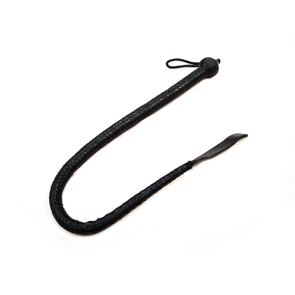 Handmade black leather devil tail whip with a wrist strap.
