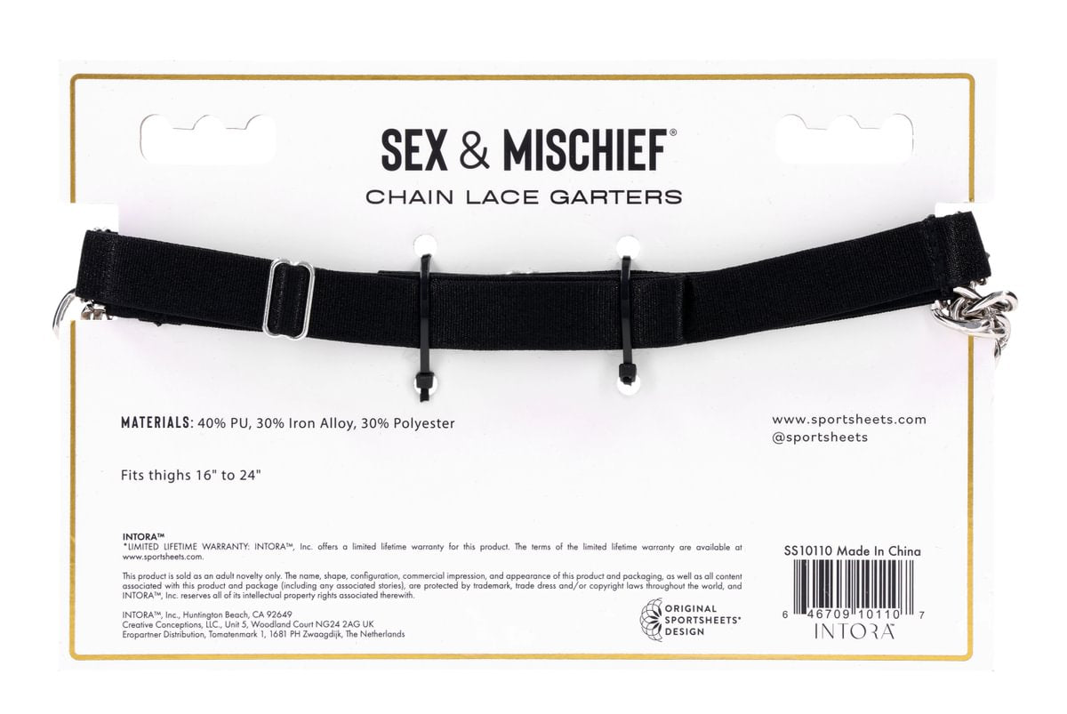 Black chain lace garters with faux leather and clips.