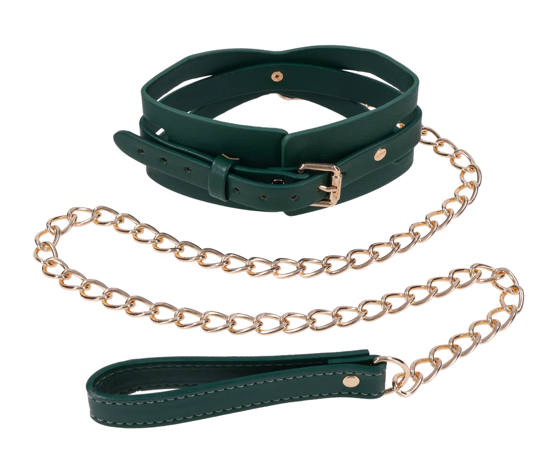 Emerald green leather collar and leash set with gold chain.