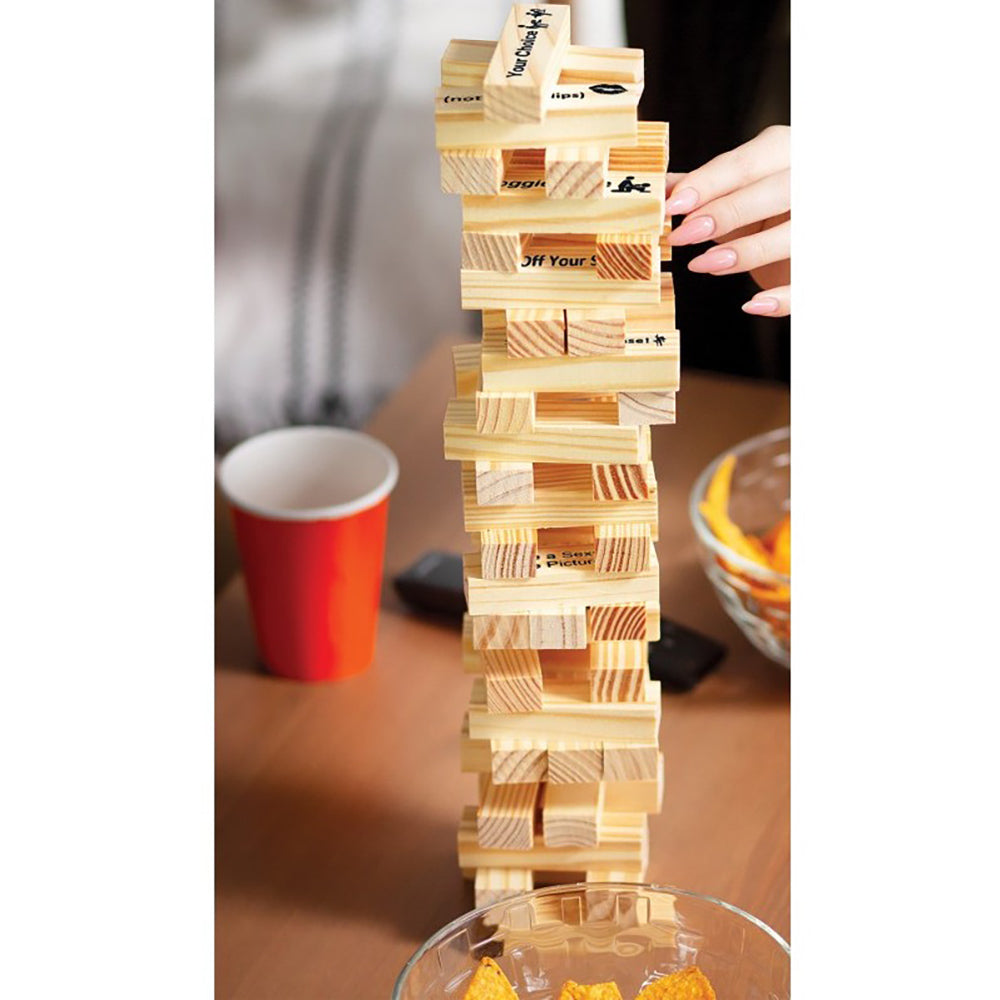 Adult stacking game with engraved dare blocks.