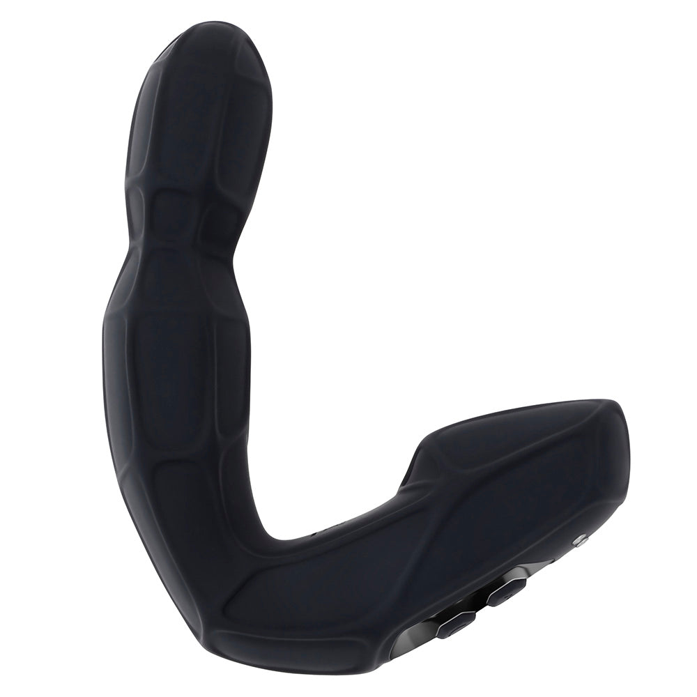 Black remote-controlled prostate massager with a textured surface and curved shape.