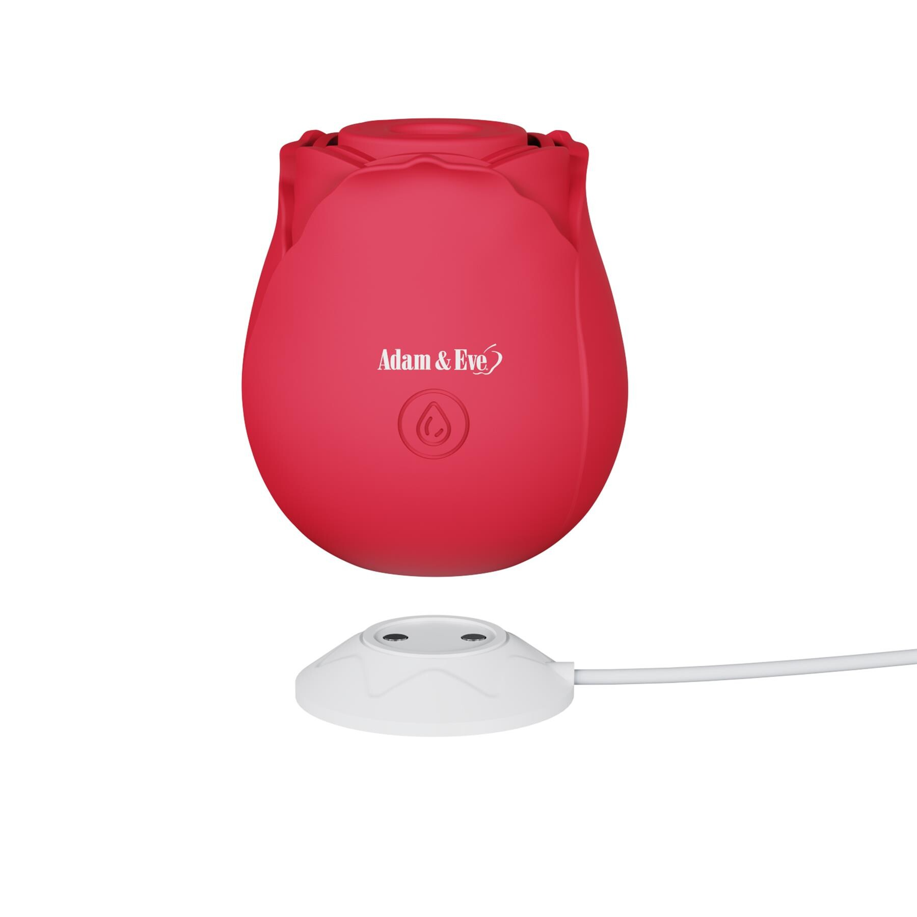 A red rose-shaped clitoral stimulator with a charging base.