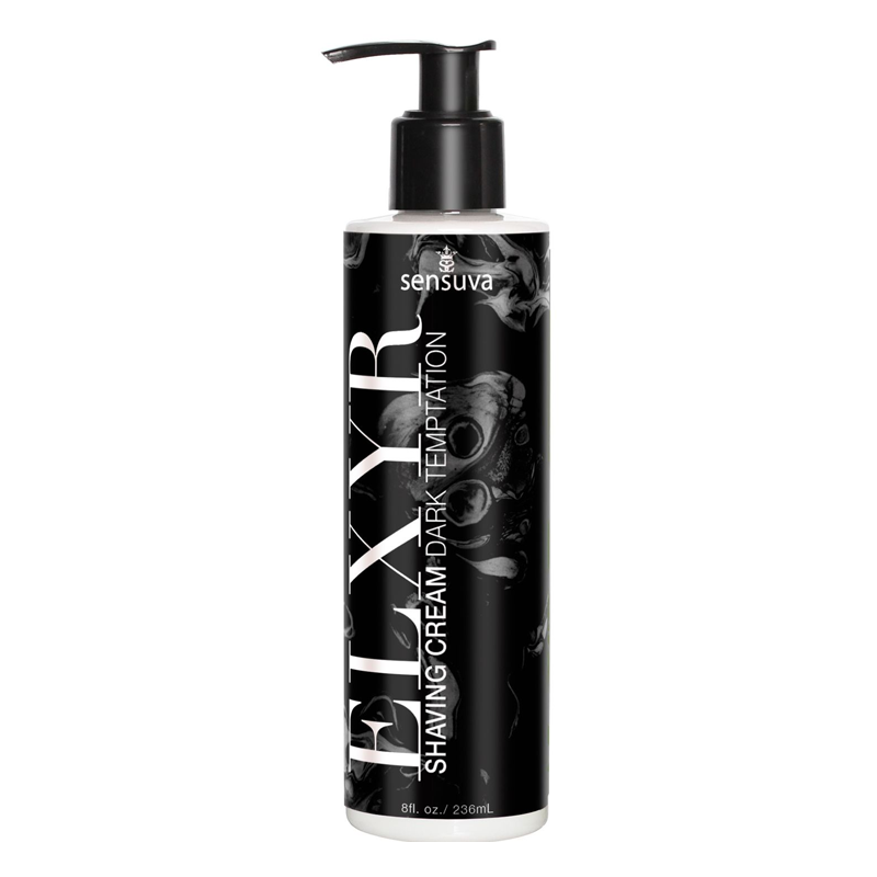 A black bottle of Sensuva Dark Temptation shaving cream with a pump dispenser.