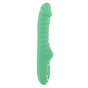 Green heating rabbit vibrator with ribbed shaft and external stimulator.