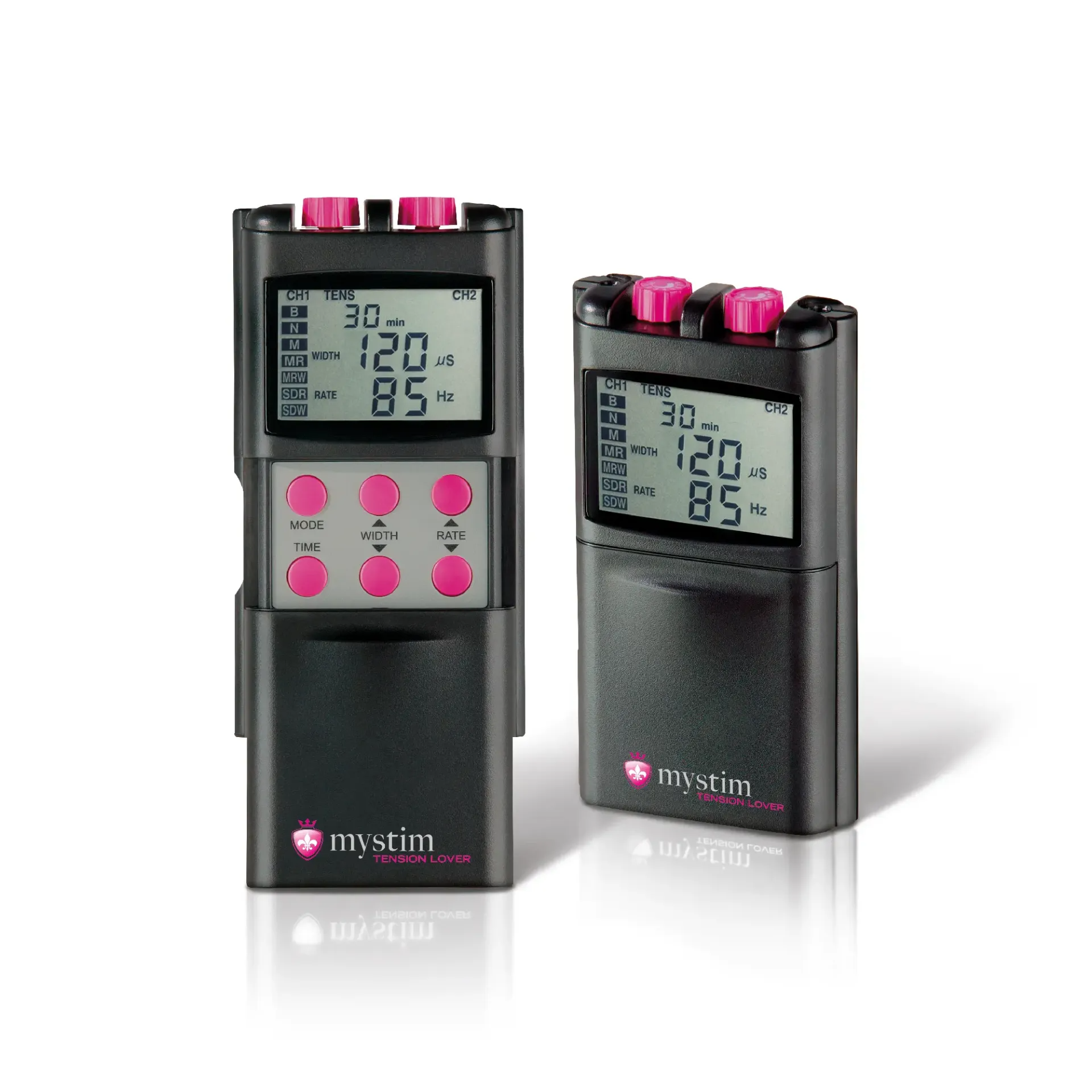 Two black digital E-stim powerbox stimulation devices with pink buttons and screens.