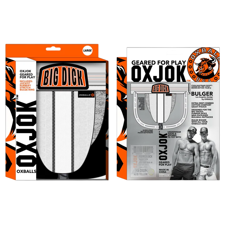 White snow Bulger Big Pouch jockstrap with cock ring.