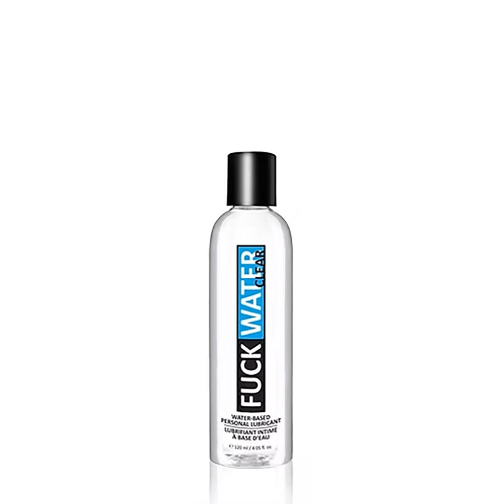 A clear bottle of FuckWater personal lubricant with a black cap.