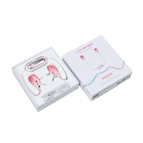 Lovense Gemini app-controlled vibrating nipple clamps in pink and white.