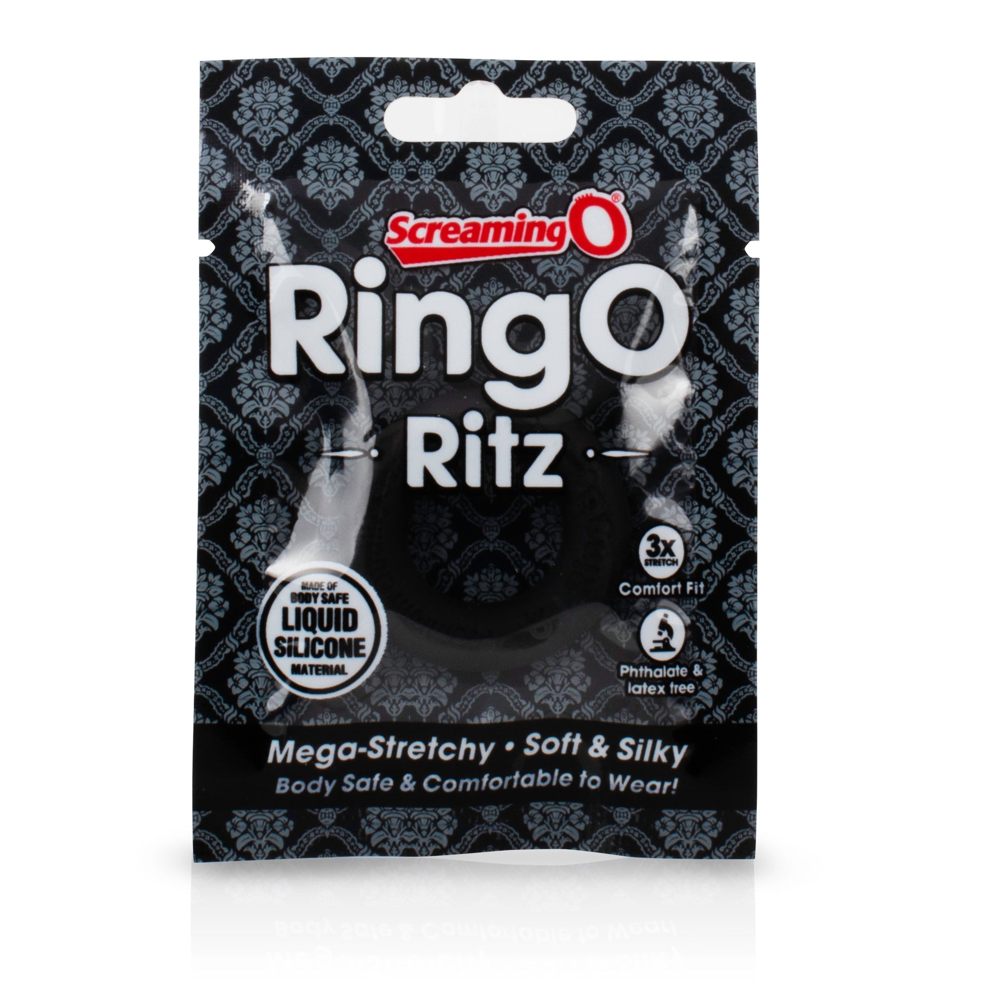 Black liquid silicone stretchy cock ring with "RingO Ritz" branding.