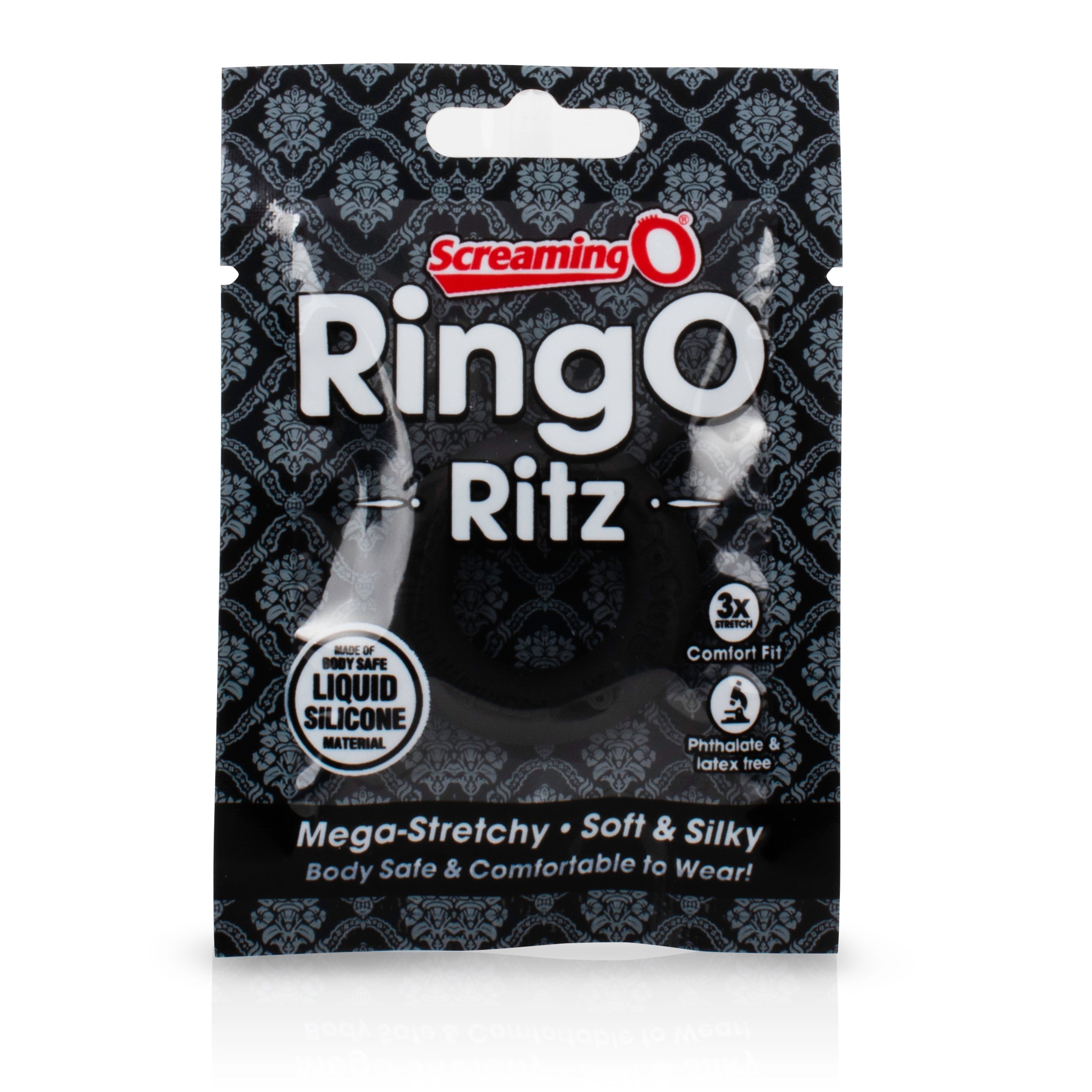 Black liquid silicone stretchy cock ring with "RingO Ritz" branding.