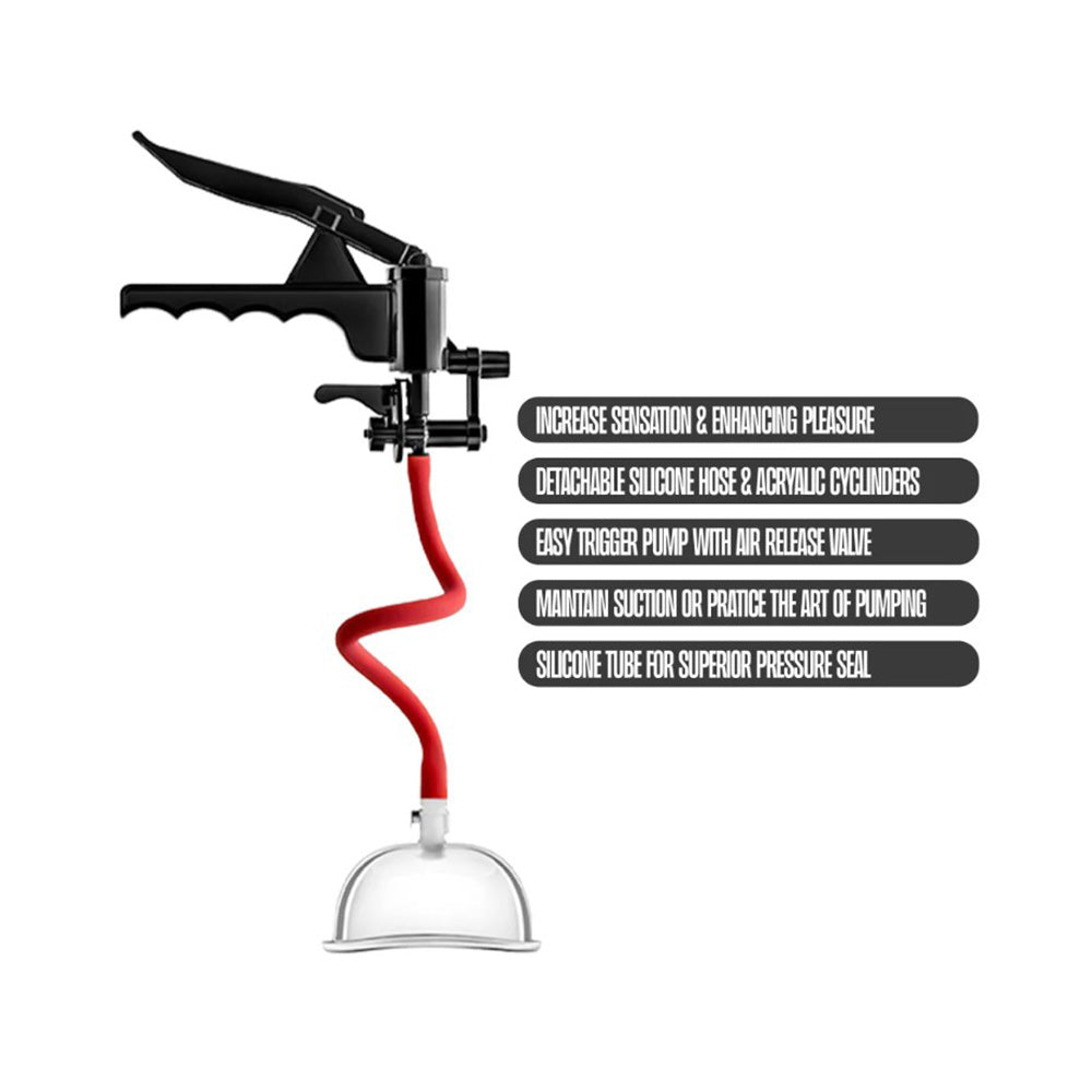 A black pump with a red hose and clear cup, featuring text about pleasure and suction.