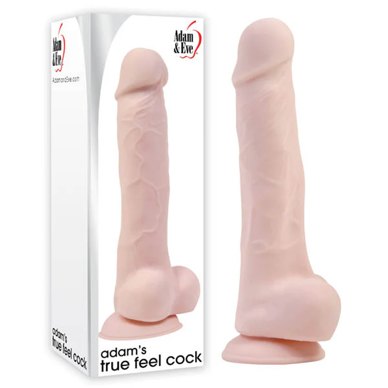 7-inch realistic TPE dildo with suction cup base and textured veins in Adam & Eve packaging.