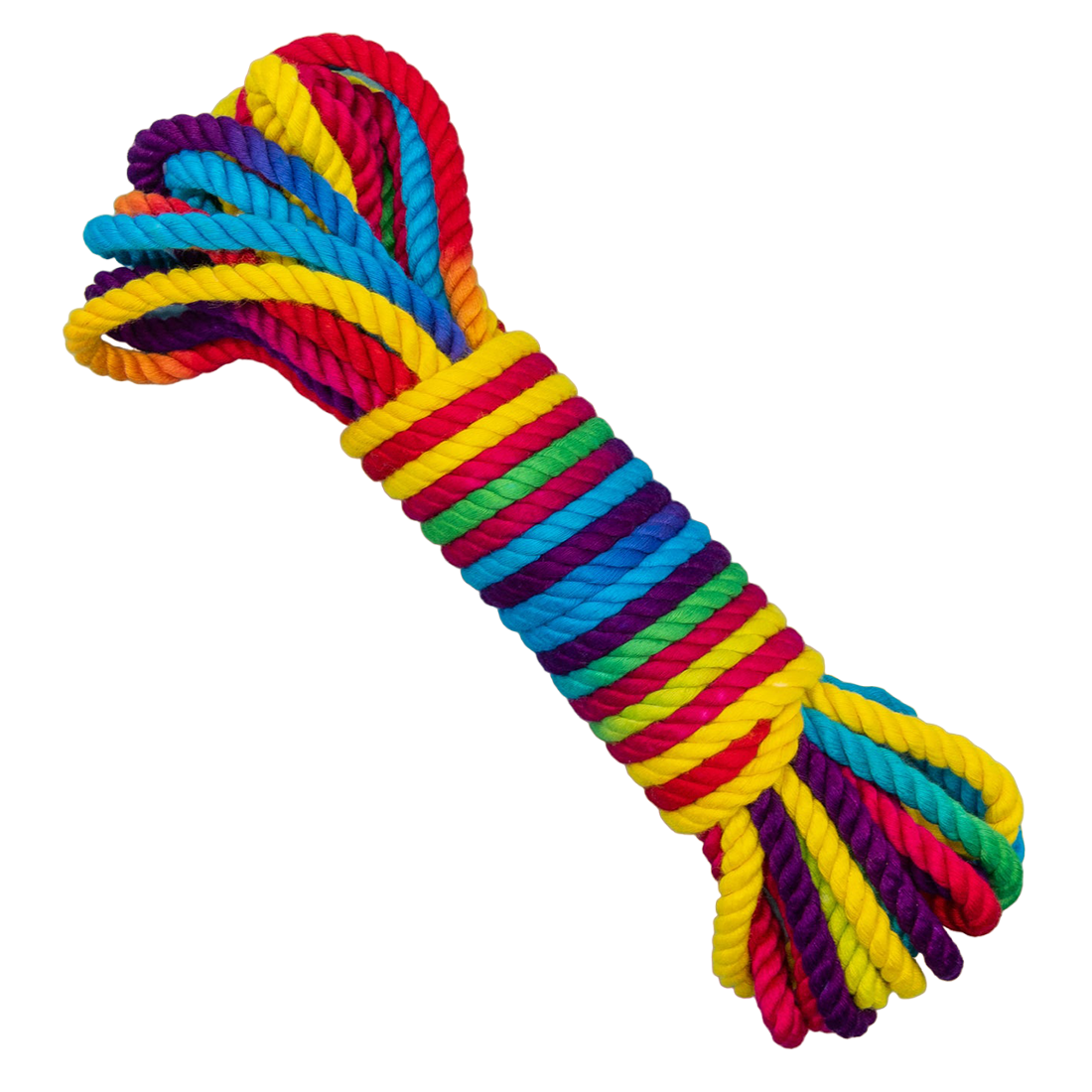 Rainbow bamboo silk bondage rope with multiple colors.