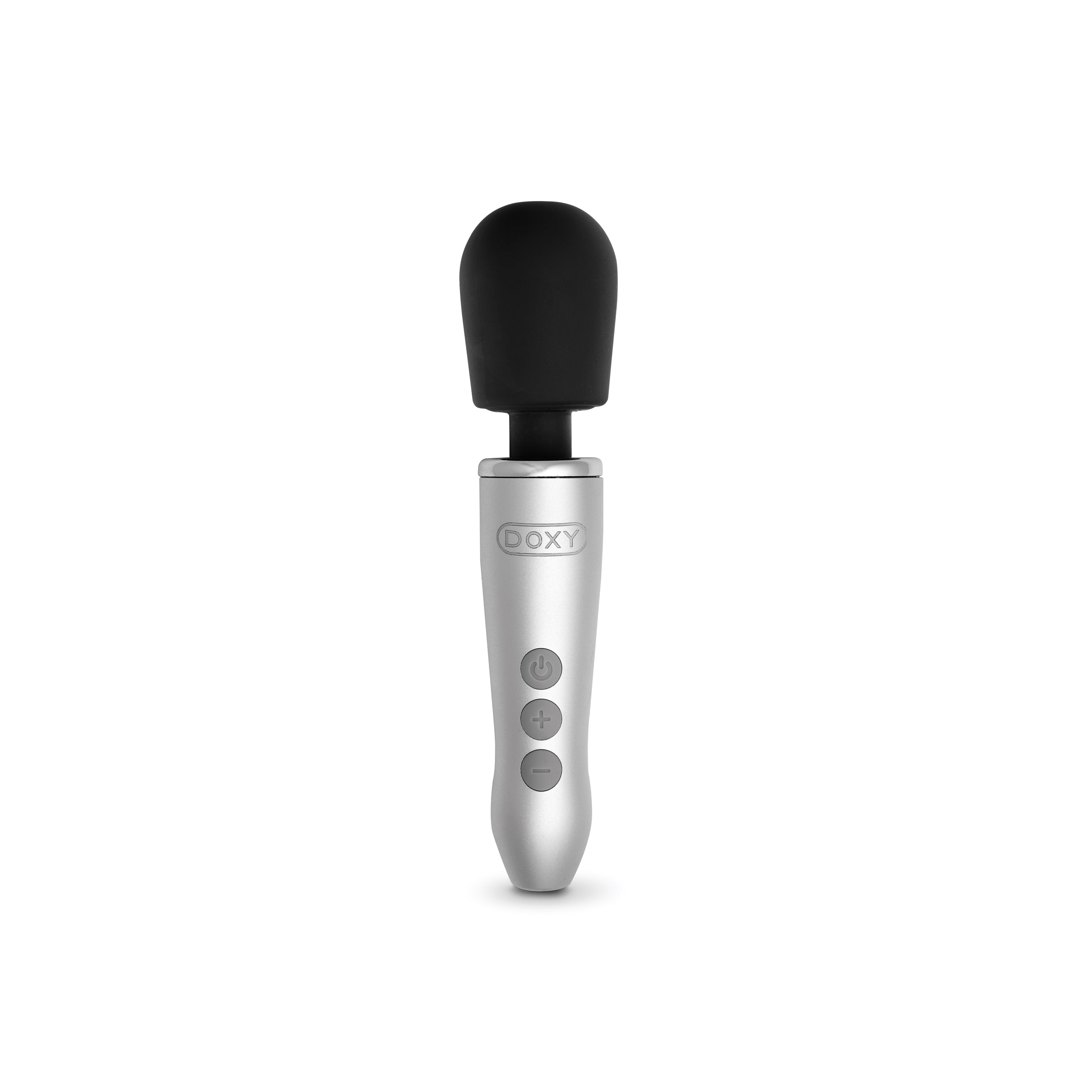 Waterproof compact wand massager in brushed metal with power and intensity buttons.