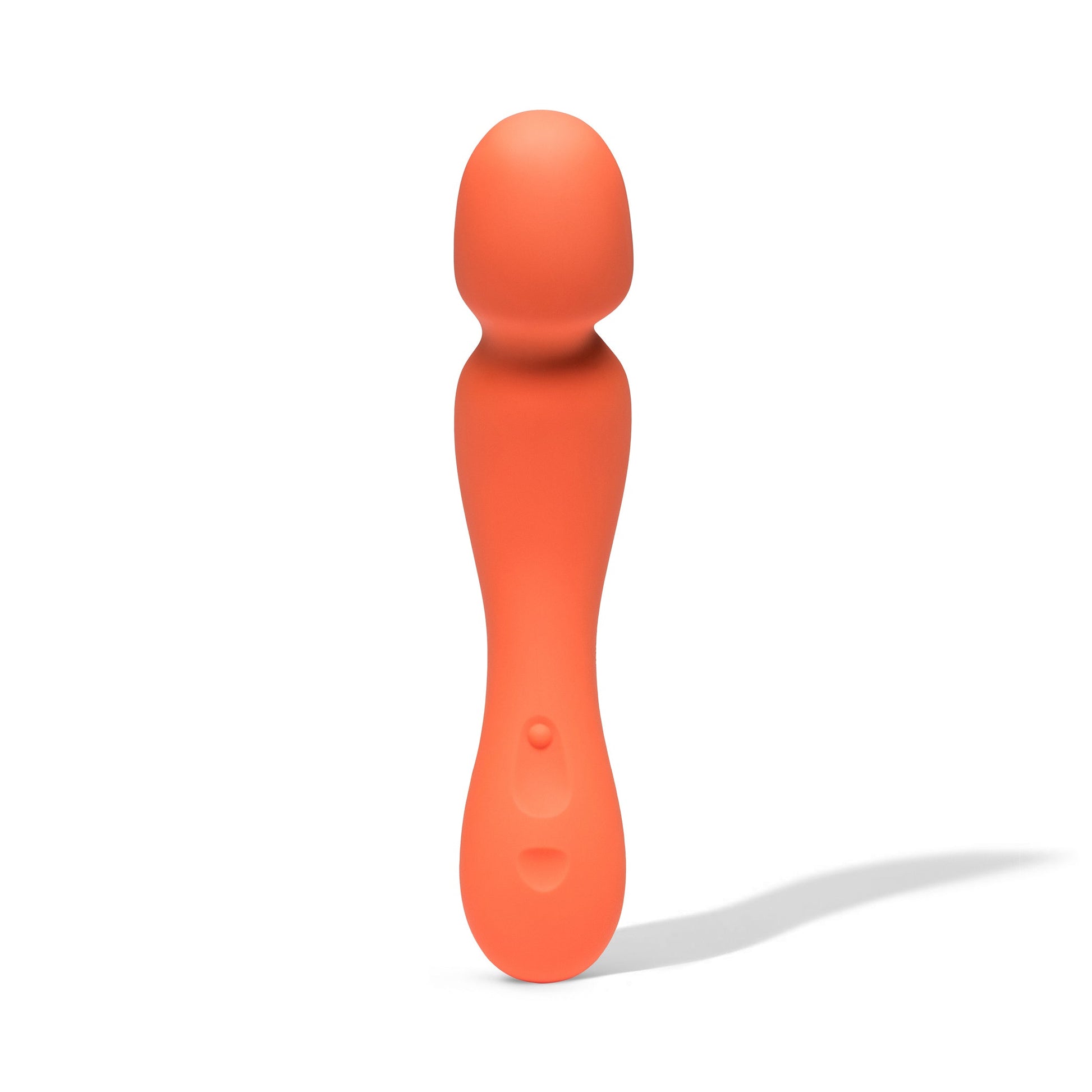 Orange silicone mini wand vibrator with three buttons.
