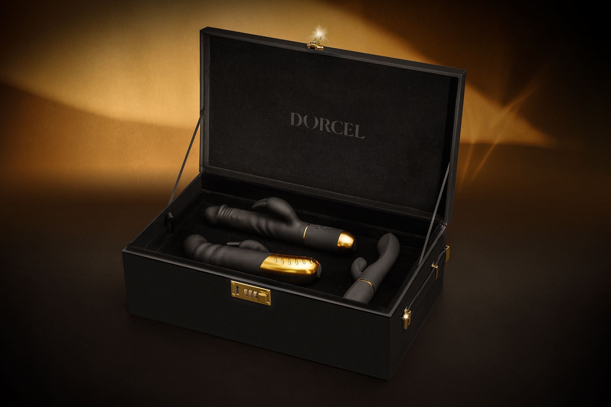 A black faux leather storage case with a combination lock, open to reveal three black and gold vibrators.