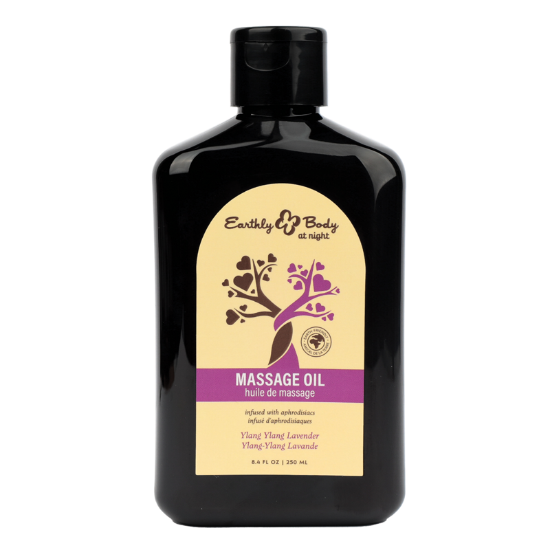 Black bottle of Earthly Body massage oil with a tree and hearts design.